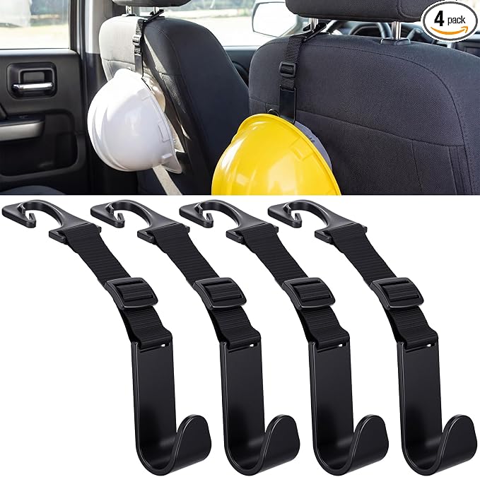 4 Pcs Hard Hat Hook for Truck Adjustable Hard Hat Holder Hardhat Holder for Truck Seat Back Organizer 55 lb Load Heavy Duty Hardhat Hanger Storage Car Vehicle Headrest Bag Gear(Black)