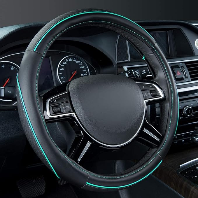 Colour Piping Leather Universal Fit Steering Wheel Cover,Perfectly fit for 14.5-15 inches for Various Vehicles SUVs,Vans,Sedans,Cars (Black & Mint)