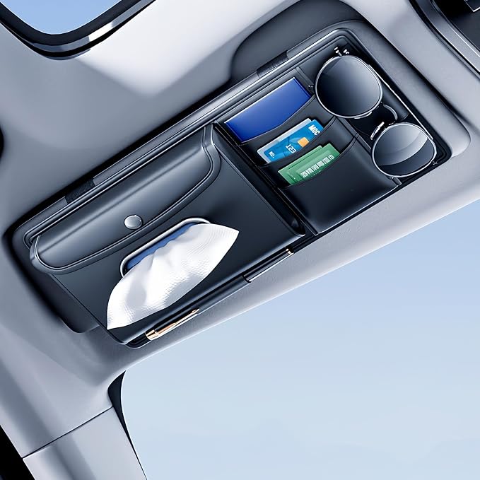Car Sun Visor Organizer with Tissue Holder, Auto Consoles Organizer with Sunglass Clip,Multi-Pocket Visor Accessories for Truck, SUV，Card/Pen/Driver's License Storage