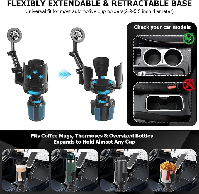 Frani Car Cup Holder Expander with Magnetic Phone Mount | Adjustable Insert Fits 2.68-4.33" Holders, 360° Adjustable Neck, Strong N52 Magnets, iPhone Samsung Compatible