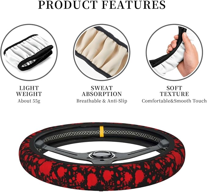 Classic Horror Blood Splatter Black Steering Wheel Cover Non-Slip Auto Steering Wheel Protector Car Accessories Universal Fit 15 Inches for Men Women