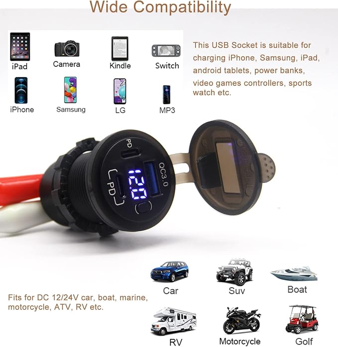 12V USB Outlet, Dual USB C Car Charger Socket & Quick Charge 3.0 Port with Voltmeter and Power Switch for Car Boat Marine Truck