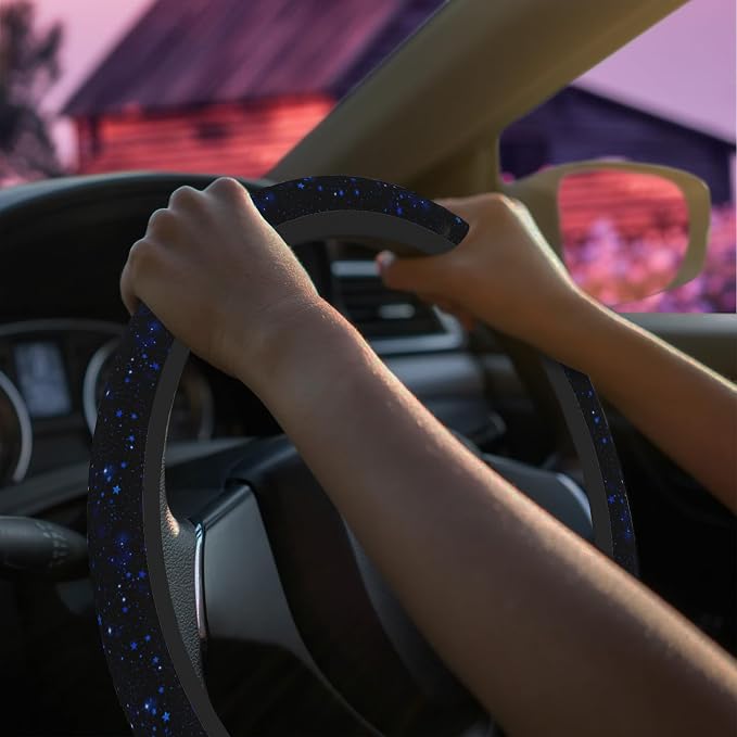 Blue Glitter Stars Steering Wheel Cover for Women Men Neoprene Breathable Starry Sky Wheel Cover Protector Anti-Slip Car Accessories Universal 15 Inch Fit for Cars Trucks Vehicles
