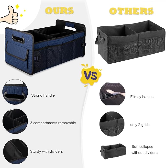 Car Trunk Organizer for SUV, Car Storage Organizer Collapsible Multi Compartment Container Box, Adjustable Car Accessories for Women/Men, Dark Blue