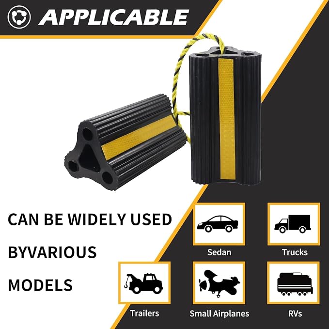 Wheel Chocks for RV Trailer Camper Trucks and Aircraft, Versatile Heavy Duty Rubber Wheel Chocks Block with 3 Reflective Strips, Tire Wheel Immobilizers & Chocks, [2pair/4pack with Rope]RV Accessories