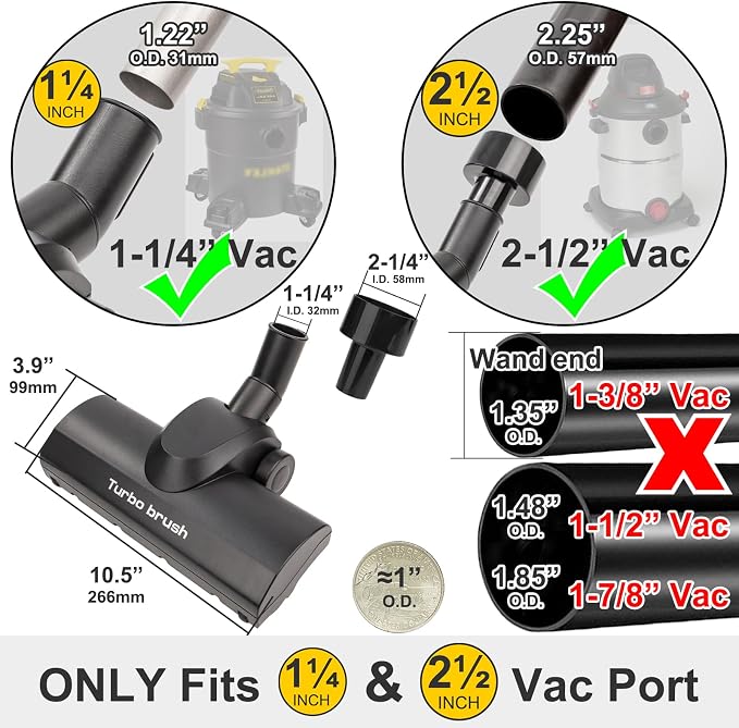 Turbo Brush Head Shop Vac Accessory 1.25" with 2.5" Hose Adapter, 1-1/4" 2-1/2" Shopvac Attachment for Wet Dry Vacuums, Ideal for Pet Hair Removal on Carpets Area Rugs Hardfloors