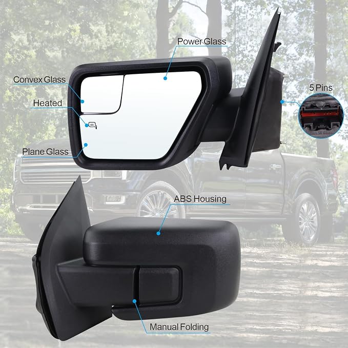 Left Driver Side Door Mirror Compatible With 2021 2022 2023 2024 2025 2026 Ford F150 With Power Glass Manual Folding Heated Matte Black Replace#ML3Z17683UA(5Pins)