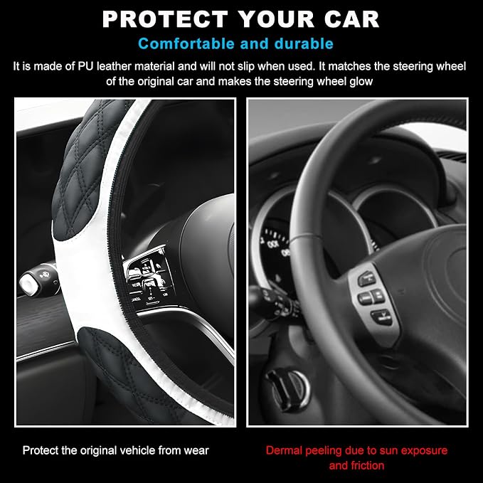 Car Steering Wheel Cover, 15 Inches Non-Slip Leather Steering Wheel Protector, Universal Soft Cover Mats for Car Truck SUV Interior Accessories (White)