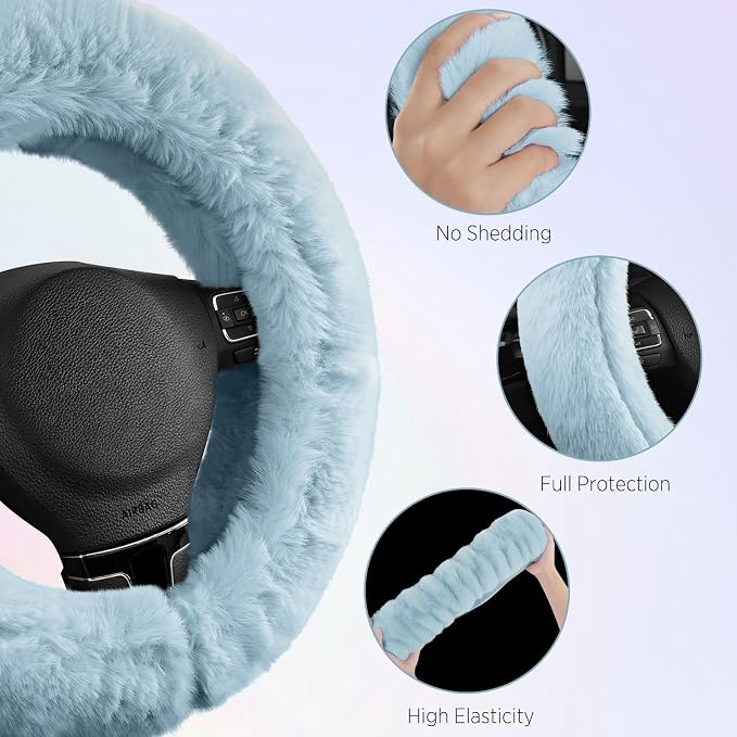 Steering Wheel Cover, Fluffy Car Wheel Covers for Women/Girls/Ladies，Soft Wool Fur Steering Wheel Protector, Universal 14 1/2 inches to 15 inches - Blue