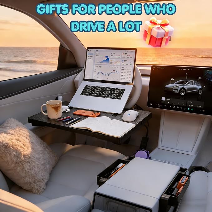 2-in-1 Car Steering Wheel Desk & Seat Gap Organizer Filler Tray | Foldable Adjustable Height Car Desk for Laptop Computer Tablet, Eating - Portable Table for Car Workstation Truck SUV Tesla