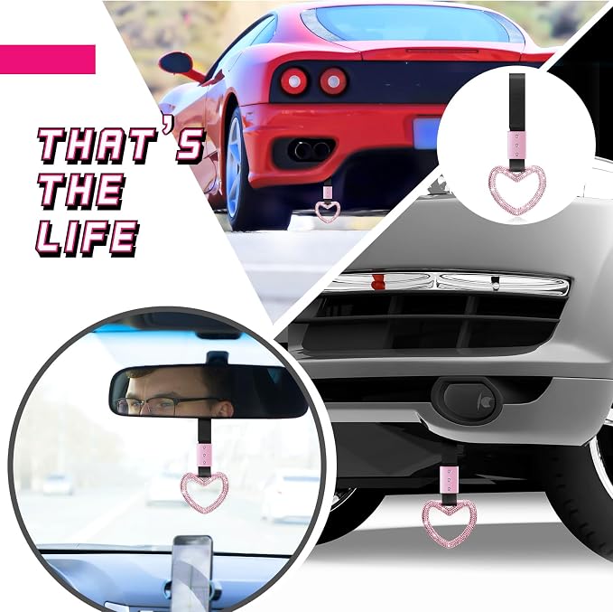 Bling Car Accessories Bling Heart Handle Ring Car Accessory for Women Hand Strap Drift Charm Rear Bumper Warning Ring Decor for auto Bus Interior Exterior Decoration (Pink, Heart Style)
