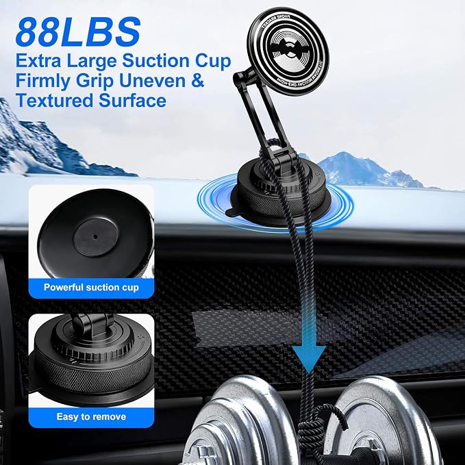 PIEPIE All-Metal Alloy Long Arm Magnetic Suction Cup Car Phone Mount(Black) | Strong Powerful Magnetic Heavy-Duty Windshield Dash 360° Mechanical Rotation Cell Mobile Phone Vehicle Bracket for All Cars