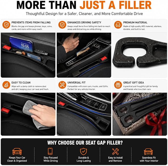 Car Seat Gap Filler 2 Pack, Universal Fit No Drop Seat Guard with Storage Pocket, Car Seat Gap Plug Prevents Phones, Keys and Coins from Falling, Auto Accessories for SUV, Truck, Sedan