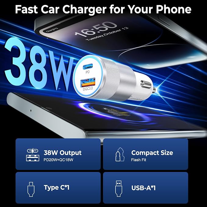 Car Charger USB C 6-Pack, 38W Dual Port Cigarette Lighter with PD3.0 + QC3.0 Type C Car Charger Adapter iPhone 16/15 Pro Max/Samsung Galaxy S24/S23/S22Plus/Ultra/,iPad Pro(White)