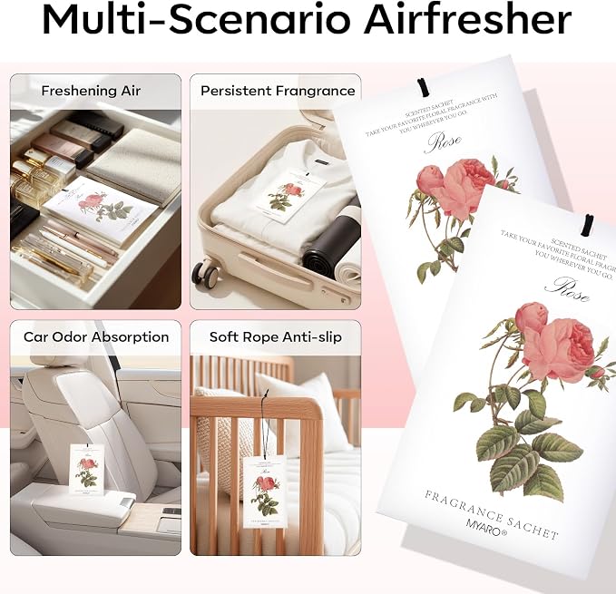 12 Pcs Rose Scented Sachets Long Lasting Room Air Freshener Odor Deodorizer Eliminating for Home Drawer Closet Clothes Storage