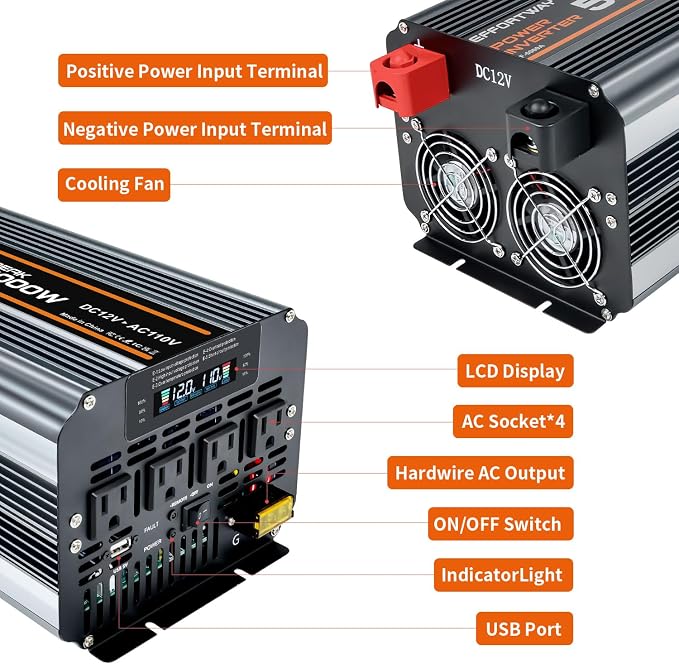 5000 watt Power Inverter DC 12V to AC 110V/120V Converter,10000w Peak.Comes with LCD Display,Wireless Controller, 4AC outlets,1USB.RV Inverter,Suitable for Camping,and Off-Grid Solar Inverter Systems
