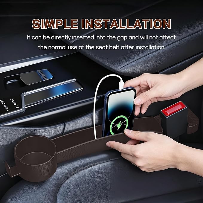 2PCS Car Seat Gap Filler Organizer, Multifunctional Vehicle Seat Side Gap Filler with Organizer & Cup Holder, Automotive Seats Crevice Stopper Gaps Plug, Universal Car Accessories (Brown)