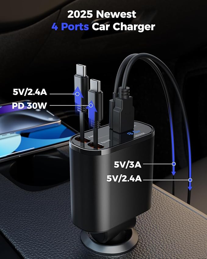 Retractable Car Charger for iPhone with Dual Type C Cables, 4 in 1 USB C Car Charger Adapter with 69W Fast Charging Compatible with iPhone 17 16 15 14 13 12 11 Pro/XS/XR/SE/iPad/Airpods