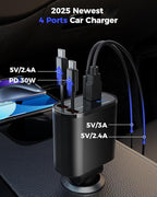 Retractable Car Charger for iPhone with Dual Type C Cables, 4 in 1 USB C Car Charger Adapter with 69W Fast Charging Compatible with iPhone 17 16 15 14 13 12 11 Pro/XS/XR/SE/iPad/Airpods