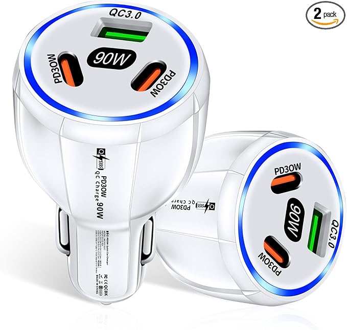 Car Charger Adapter, 3 Port USB-C & USB-A 90W Fast Charger, Car Interior Accessories, Essential Travel Gifts for Men and Women, Fit for iPhone 17/16/15/14/13Pro Max, Samsung, Android (White 2pc)