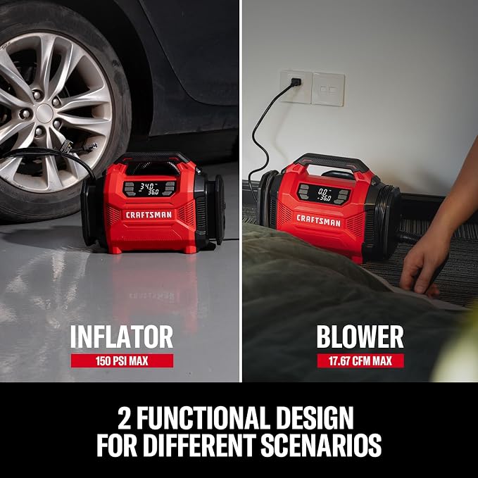 Dual Power Tire Inflator with Digital Gauge & Auto Shut-Off | 12V DC Car Plug and 120V AC Home Use with Up to 150 PSI, LED Light, Portable Air Pump for Car Tires, Bikes and Inflatables