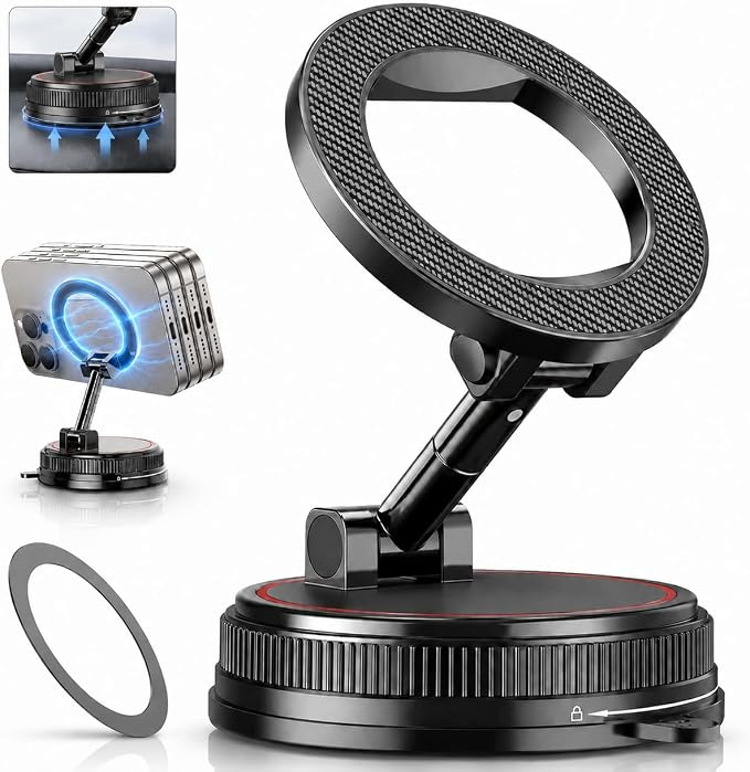 Magnetic Car Phone Holder Mount, Compatible with MagSafe, 108LBS Vacuum Suction Car Mount, 3000gf Magnetic Hold, 360° Adjustable Foldable Dashboard Windshield Phone Mount for iPhone 17-12 & Android
