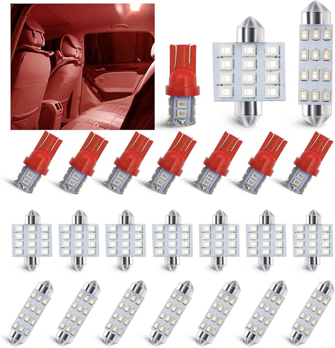 24 PCS Car LED Lights, Interior Replacement Bulbs for Car Interior Lights Dome Lights Plate Lights Map Lights Door Lights License,Compatible with All Vehicles(Red)