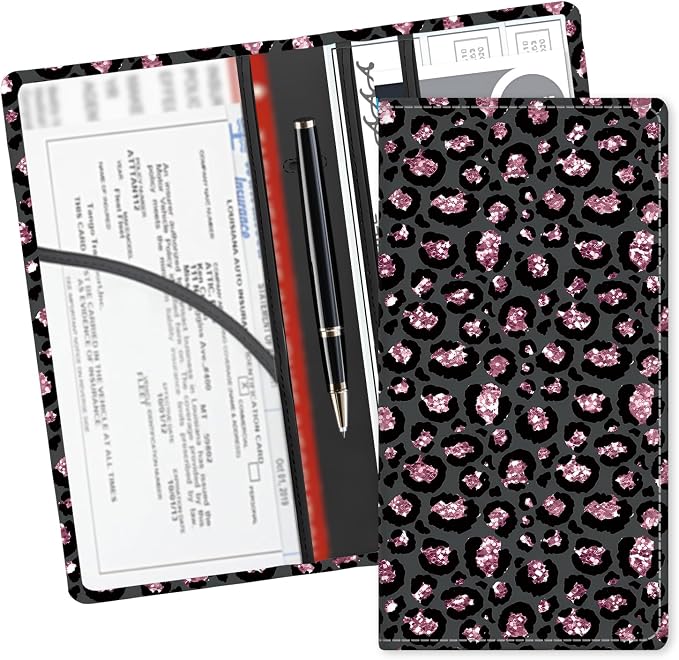 Leather Car Registration and Insurance Card Holder, Cute Car Accessories Vehicle Glove Box Car Organizer for Documents, Cards, License Glitter Pink Leopard
