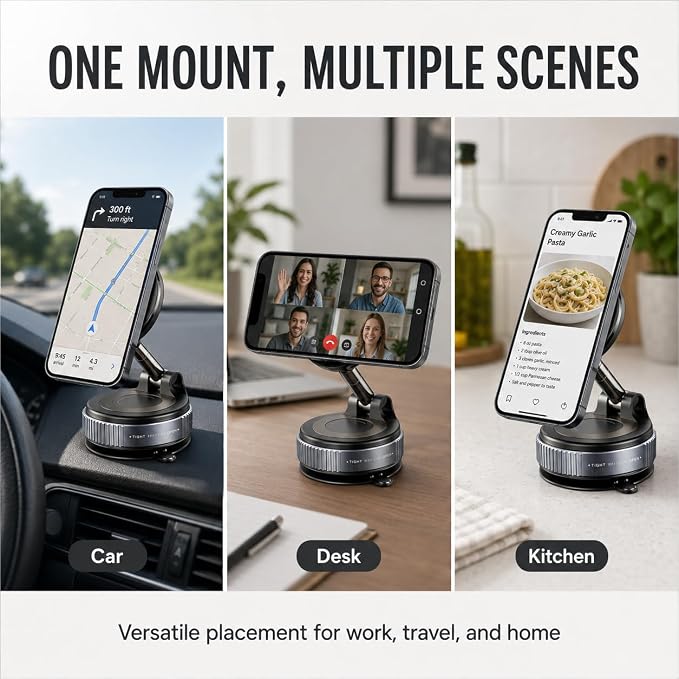 Vacuum Magnetic Phone Holder for Car, 96LBS Suction Cup & 2800gf Magnetic Hold, 360° Foldable MagSafe Car Mount for Dashboard, Windshield, Gym & Mirror, Compatible for iPhone 17–12 and Android