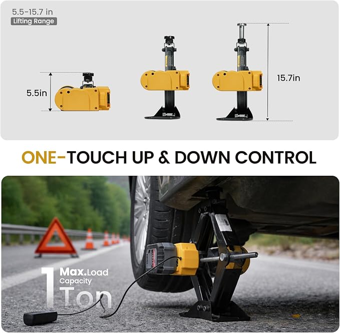 Dual Power Electric Car Jack w/ 4.0Ah Battery & 12V DC Backup, Compatible with Dewalt 20V MAX Battery, 1 Ton Cordless Jack, 5.5-15.7in Lifting Range, Heavy Duty Steel Jack for Emergency Tire Change