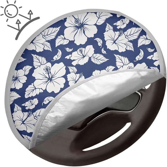 Blue Hibiscus Flowers Steering Wheel Cover Sun Shade Universal 17 inch Insulation Steering Wheel Cover for Cars SUV Trucks Cute Car Steering Wheel Accessories for Women