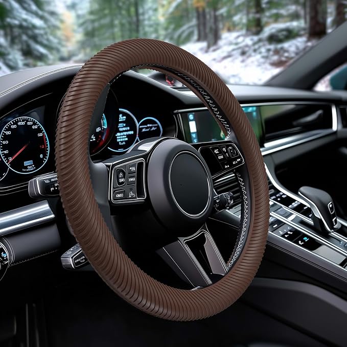 Car Steering Wheel Cover, Thin Anti-Skid Silicone Steering Wheel Cover for Men & Women, Universal Automotive Interior Accessories for Most Cars (Brown)