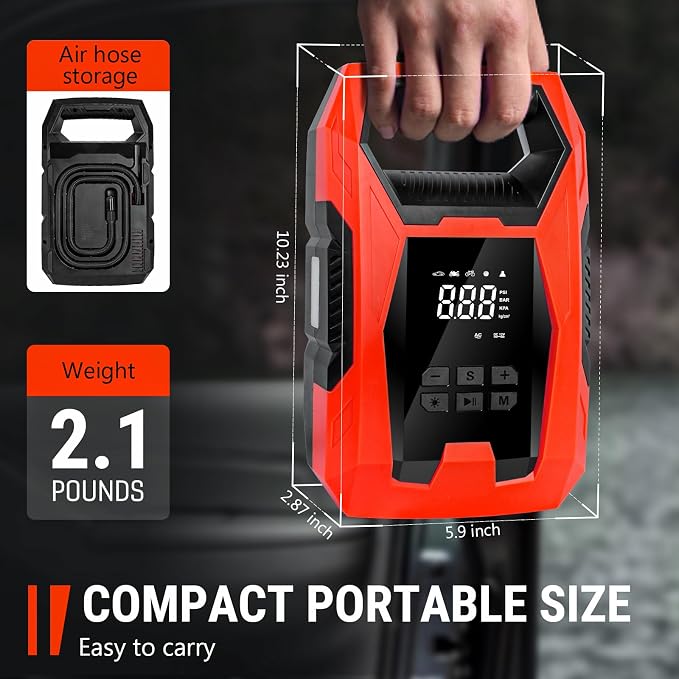 AC/DC Tire Inflator Portable Air Compressor, Dual Power for Home 110V AC and Car 12V DC Air Pump with Pressure Gauge, Auto Shutoff, Tire Pump for Car Motorcycle Bike and Other Inflatables, Red