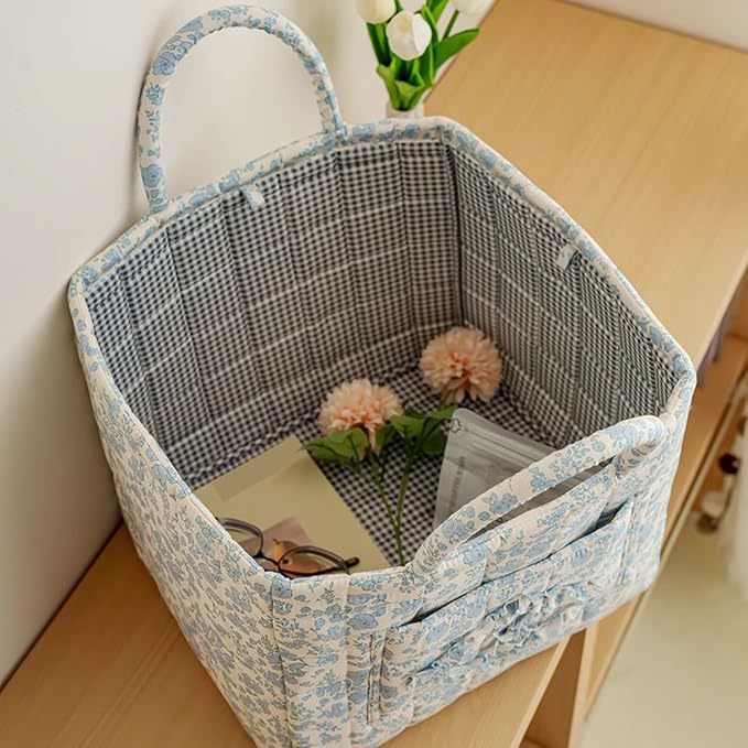 Floral Fabric Storage Basket Car Interior Storage Basket Underwear Sundries Laundry Baskets Supplies Home Organizer Bag (Blue floral A)