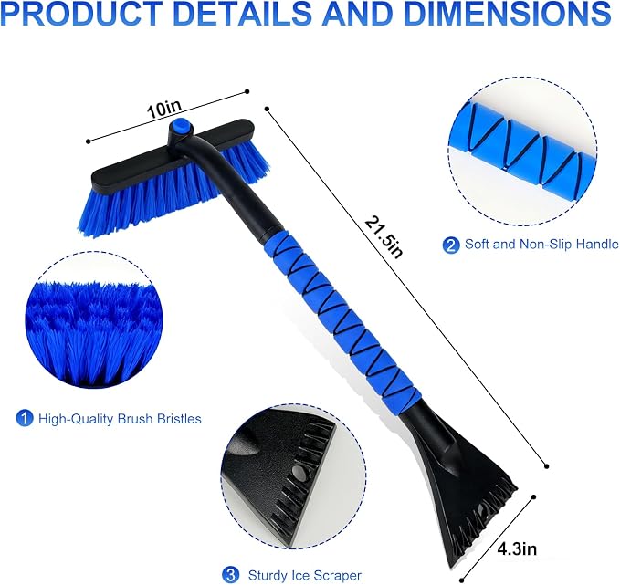 26" Snow Brush & Ice Scraper for Car Windshield and Window | 2 - in - 1 Winter Tool with Premium Bristles for Cars/SUVs/Trucks — Rotating Head, Heavy - Duty ABS | Ergonomic Foam Grip (FrostHug Blue)