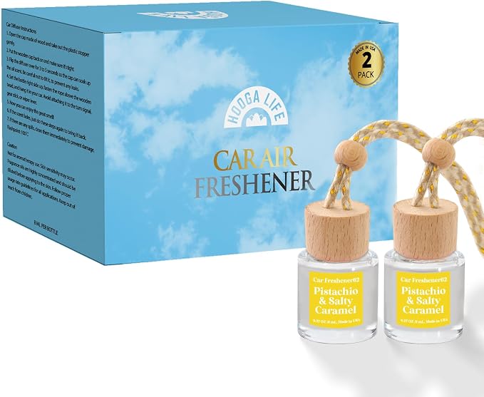 Car Air Freshener Diffuser 2 Pack Hanging Pistachio Salty Caramel Car Air Freshener for Women 45+ days Long Lasting Fragrance Made in USA (P62)