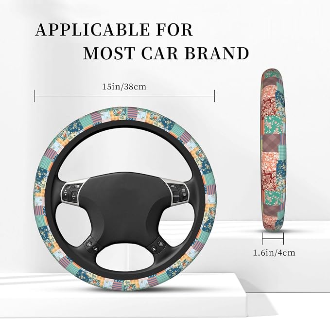 Boho Patch Elastic Steering Wheel Cover Non-Slip Breathable Steering Wheel Protector Fit Auto, SUVs, Truck