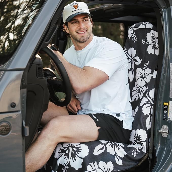 Athletic Running Towel, Full-Sized, Car Seat Cover - Performance Microfiber (Flex on the Beach - Black w/Snaps)