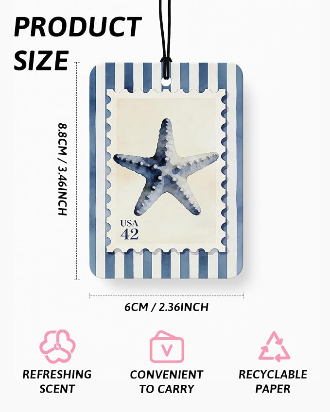 Navy Blue Beach Car Air Freshener 4 Pcs Coconut Scented, Starfish Octopus Palm Tree Car Accessories Mirror Decor for Women, Coastal Cowgirl Hanging Air Freshener for Cars Closet Drawer Books