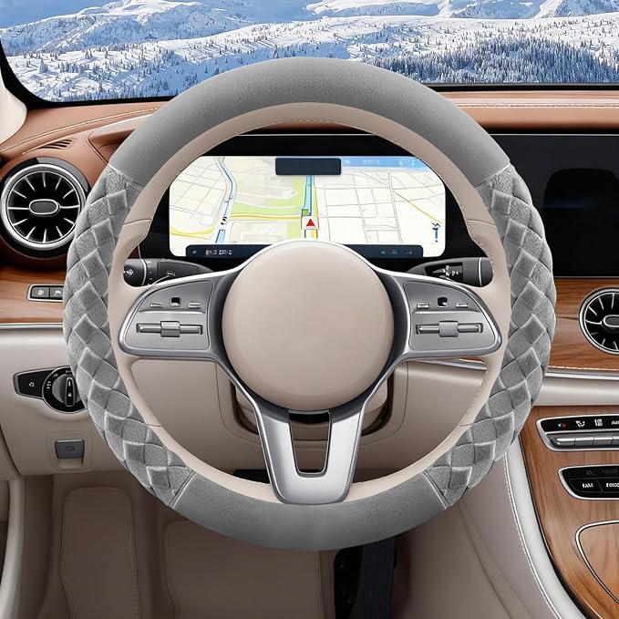 Premium Gray Diamond Patterned Plush Steering Wheel Cover, for Universal Auto Steering Wheel 14.5-15 in, Short Fluffy, Anti-Slip, Soft Plush, Comforting and Luxurious, Odorless, Soft Texture