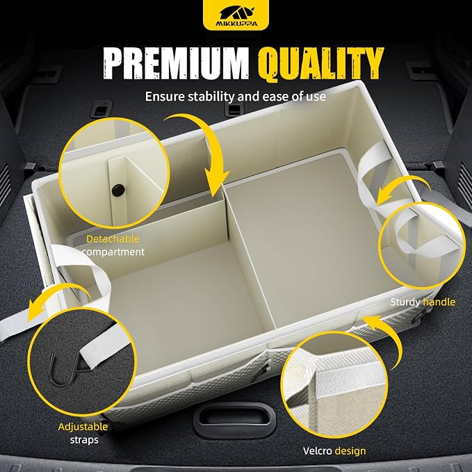 Car Trunk Organizer - 65L Collapsible Trunk Organizer with Lid, Sturdy Car Storage for SUV Auto Truck Van with Adjustable Straps and Non Slip Bottom (White)