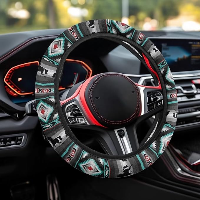 Car Steering Wheel Cover, 15 Inch Soft Breathable Steering Wheel Protector for Women Men, Universal Fit for SUV Sedan Van Truck, Aztec Geometric Horse Gray Teal