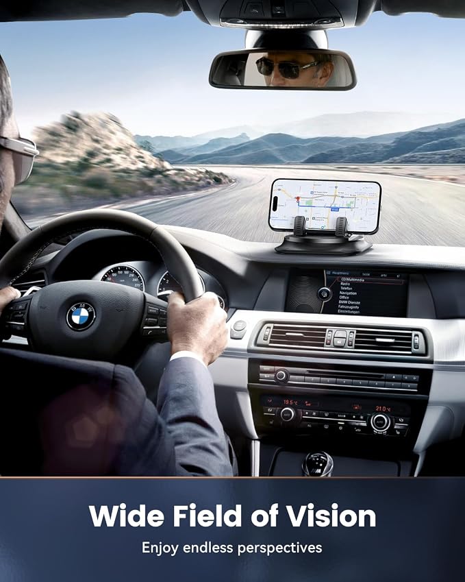 360 Degree Rotation Dashboard Phone Holder for Car, Anti-Slip Grips & One-Hand Operation Car Cell Phone Mount with Adjustable Spring Clip, Compatible with iPhone Samsung All Smartphones