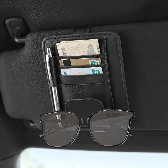 Sunglass Holder for Car Visor, Multi-Pocket Leather Car Sun Visor Organizer with Ticket Pens Card Clip, Sunglasses Holders,Suitable Eyeglasses,Car Accessories Keep Tidy (Black)
