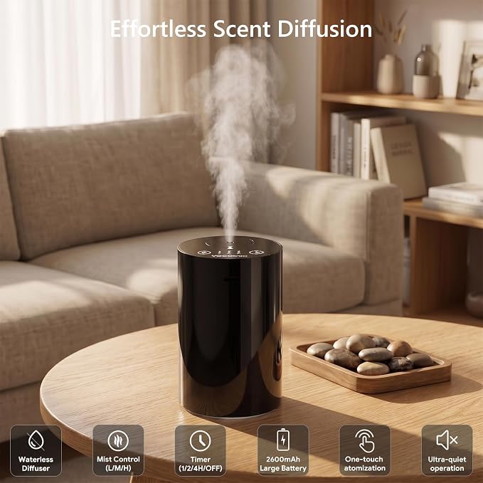 Waterless Diffuser for Essential Oil Starter Kit with 10mL Hotel Scent Fragrance Oil, Battery Operated Nebulizer, Mini Scent Air Machine, 3 Timers & 3 Mist Levels for Home, Room, Car, Office