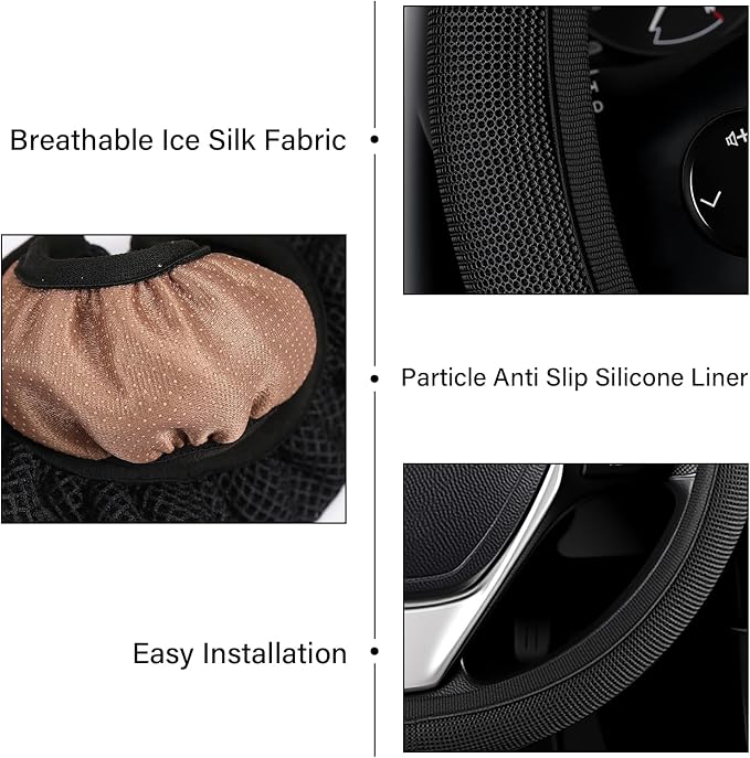 Black Mesh Steering Wheel Cover, Universal 15 inch, Elastic Stretch Microfiber Breathable Ice Silk Cover, Anti-Slip, Odorless, Sweat Absorption, Warm in Winter and Cool in Summer