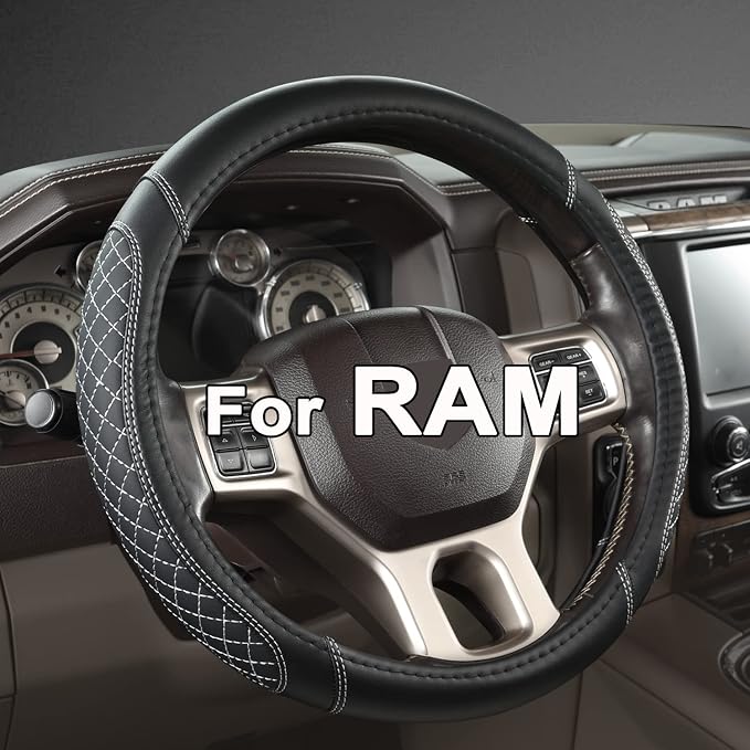 Customized Auto Car Steering Wheel Cover for Dodge RAM 1500 2500 3500, 15.5-16 inch (Diamond Quilted-Black+Gray-Large Size)
