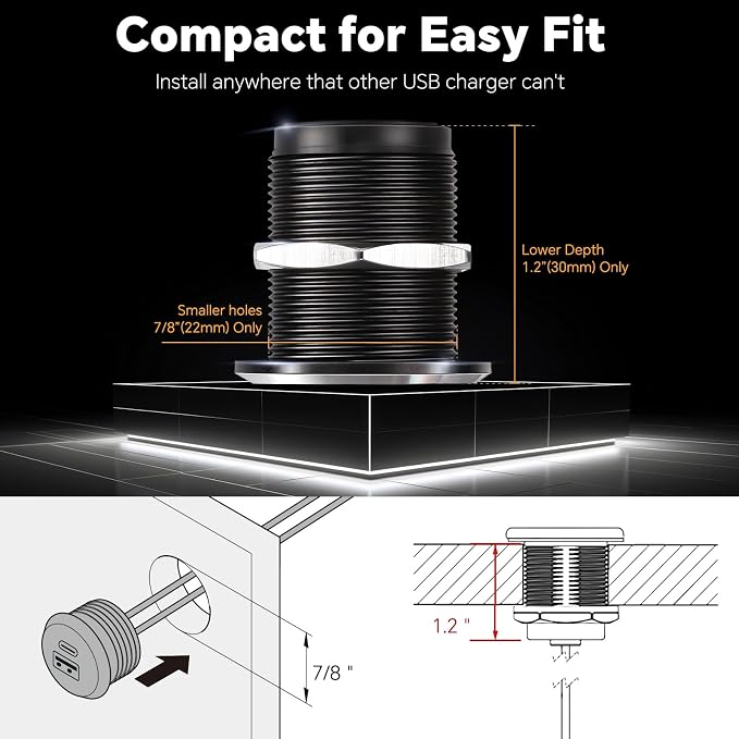 12V USB Outlet All-Aluminum QC 3.0 USB-A & USB-C PD3.0 Dual Fast Car Charger Socket, Recessed Mount Car USB Port for Car Truck Boat RV Camper Van Trailer (Small Version*2)