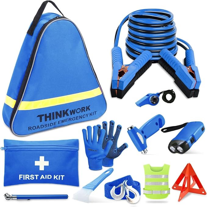 Car Emergency Kit for Teen Boy and Men's Gifts, Blue Emergency Roadside Assistance kit with 10FT Jumper, First Aid Kit, Safety Hammer, Tow Rope, and More Ideal Blue Car Accessories Tool