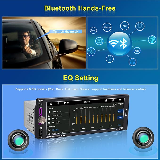 6.9" Single DIN Car Radio with Wireless Apple CarPlay, Car Bluetooth 5.2, AM FM Radio, IPS Touchscreen 1280x480, Backup Camera, Type-C Fast Charging, USB, 180W Subwoofer, Android Auto, GPS Navigation